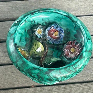 Italian Rustic Hand Painted Grotesque Majolica Pottery Floral Footed Dish Bowl